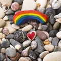 Rainbow colored stone and red heart on the beach