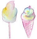 Rainbow-colored sweets isolated - ice cream and cotton candy on a white background. watercolor illustration for prints and posters