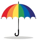 Rainbow colored umbrella with a black handle and a simple graphic design Royalty Free Stock Photo
