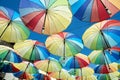 Rainbow colored umbrella hanging in the sky