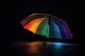 rainbow-colored umbrella with illumination from the inside on a black background Royalty Free Stock Photo