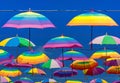 Low Angle View Of Rainbow Colored Umbrellas Hanging On The Background Of A Blue Sky Royalty Free Stock Photo