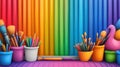 A rainbow colored wall with a bunch of paintbrushes and buckets, AI Royalty Free Stock Photo