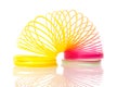 Rainbow colored wire spiral toy on white background