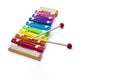 Rainbow Colored Wooden Toy 8 tone Xylophone glockenspiel isolated on white background with clipping path. Copyspace Royalty Free Stock Photo