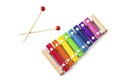 Rainbow Colored Wooden Toy 8 tone Xylophone glockenspiel isolated on white background with clipping path. toy glockenspiel made of Royalty Free Stock Photo