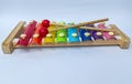 Rainbow colored wooden toy xylophone isolated on white background. educational toys for children. Royalty Free Stock Photo