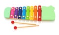 Rainbow colored wooden toy xylophone isolated on white background with shadow reflection. Colorful wooden metallophone toy Royalty Free Stock Photo