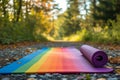 A rainbow colored yoga mat placed on a gravel road with a scenic background, A rainbow-colored yoga mat with a peaceful natural