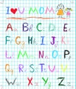 Rainbow colorful baby sketchy hand drawn painting style doodle alphabet letters on squared notebook page isolated vector illustrat Royalty Free Stock Photo