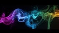 Rainbow colorful magenta, purple, blue, green, yellow smoke swirls on black background. Chemical colorful steam