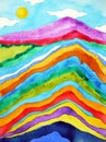 Rainbow mountain range, blue sky watercolor painting illustration