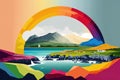 Rainbow colorful postcard of the Ring of Kerry in Ireland. Travel destination postcard