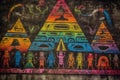 rainbow colors alien pyramid hyeroglyphs Spaceship UFO over pyramids. Aliens and egyptians illustration generative ai Royalty Free Stock Photo