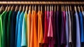 Rainbow colors. Assorted colorful t-shirts on wooden hangers. Vibrant casual clothing. Generative AI