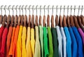 Rainbow colors, clothes on wooden hangers