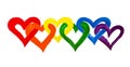 Rainbow colors intertwined hearts on white background isolated close up, overlapping heart LGBT flag color, LGBTQ symbol