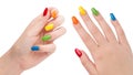 Rainbow colors manicure. Colorful nails. Woman hands after nail salon. Glossy nail polish. Gel or acrylic fake or false nails. Art