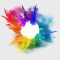 Rainbow colors paint powder and drops. Holi festival invitation. Transparent different clouds of paint powder isolated