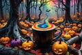 Rainbow Colors Swirling Out of a Coffee Cup - Set Against a Spooky Halloween Forest Backdrop, Dark Silhouettes Lurking Royalty Free Stock Photo