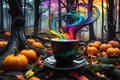 Rainbow Colors Swirling Out of a Coffee Cup - Set Against a Spooky Halloween Forest Backdrop, Dark Silhouettes Lurking Royalty Free Stock Photo