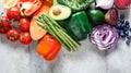 Rainbow colors vegetables and berries background, top view. Detox, vegan food, ingredients for juice and salad