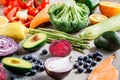 Rainbow colors vegetables and berries background. Detox, vegan food, ingredients for juice and salad