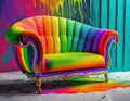 rainbow coloured art deco sofa, visually stereophonic by the technique of paint splattering and claymation - generated by ai Royalty Free Stock Photo