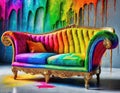 rainbow coloured art deco sofa, visually stereophonic by the technique of paint splattering and claymation - generated by ai Royalty Free Stock Photo