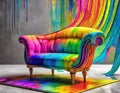 rainbow coloured art deco sofa, visually stereophonic by the technique of paint splattering and claymation - generated by ai Royalty Free Stock Photo