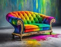 rainbow coloured art deco sofa, visually stereophonic by the technique of paint splattering and claymation - generated by ai Royalty Free Stock Photo