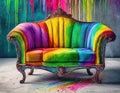 rainbow coloured art deco sofa, visually stereophonic by the technique of paint splattering and claymation - generated by ai Royalty Free Stock Photo