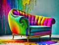 rainbow coloured art deco sofa, visually stereophonic by the technique of paint splattering and claymation - generated by ai Royalty Free Stock Photo
