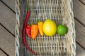 Rainbow foods fruit and vegetables in basket Royalty Free Stock Photo