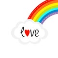 Rainbow on the corner and cloud in the sky. Dash line. Love card. LGBT sign symbol. Flat design. White background.