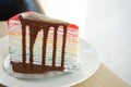 Rainbow crape cake with chocolate sauce on white plate on wooden table