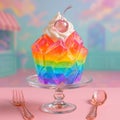 Rainbow crystal cake with whipped cream and glass cherry on glass stand with fork and spoon on pink table Royalty Free Stock Photo
