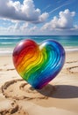 Rainbow crystal heart structure on sand beach, cloudy blue sky background, design illustration wallpaper Royalty Free Stock Photo