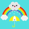 Rainbow. Cute cartoon kawaii cloud with rain drops. Showing tongue emotion. Smiling laughing umbrella. Eyes and mouth. Blue sky ba