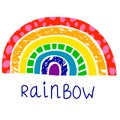 Cute cartoon textured rainbow in flat style. Childlike card with colorful arches
