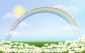 Rainbow and daisies against blue sky Royalty Free Stock Photo