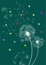 Rainbow dandelions in the wind and colored polka dots background - vector.