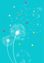 Rainbow dandelions in the wind and colored polka dots background - vector. Royalty Free Stock Photo