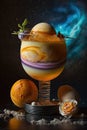 Rainbow dessert with fruit inspired by planet jupiter and moon