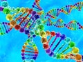 Rainbow DNA (deoxyribonucleic acid) with blue background