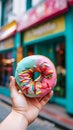 rainbow donut held in hand with street view, life style Authentic living