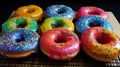 Rainbow donuts with vibrant multicolor icing, AI generative