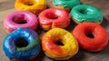 Rainbow donuts with vibrant multicolor icing, AI generative