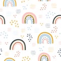 Rainbow, dots and stripes seamless childish pattern. Hand drawn repeat pattern for wrapping, fabrik, textile or paper projects.