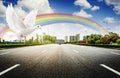 Rainbow dove and modern city road Royalty Free Stock Photo